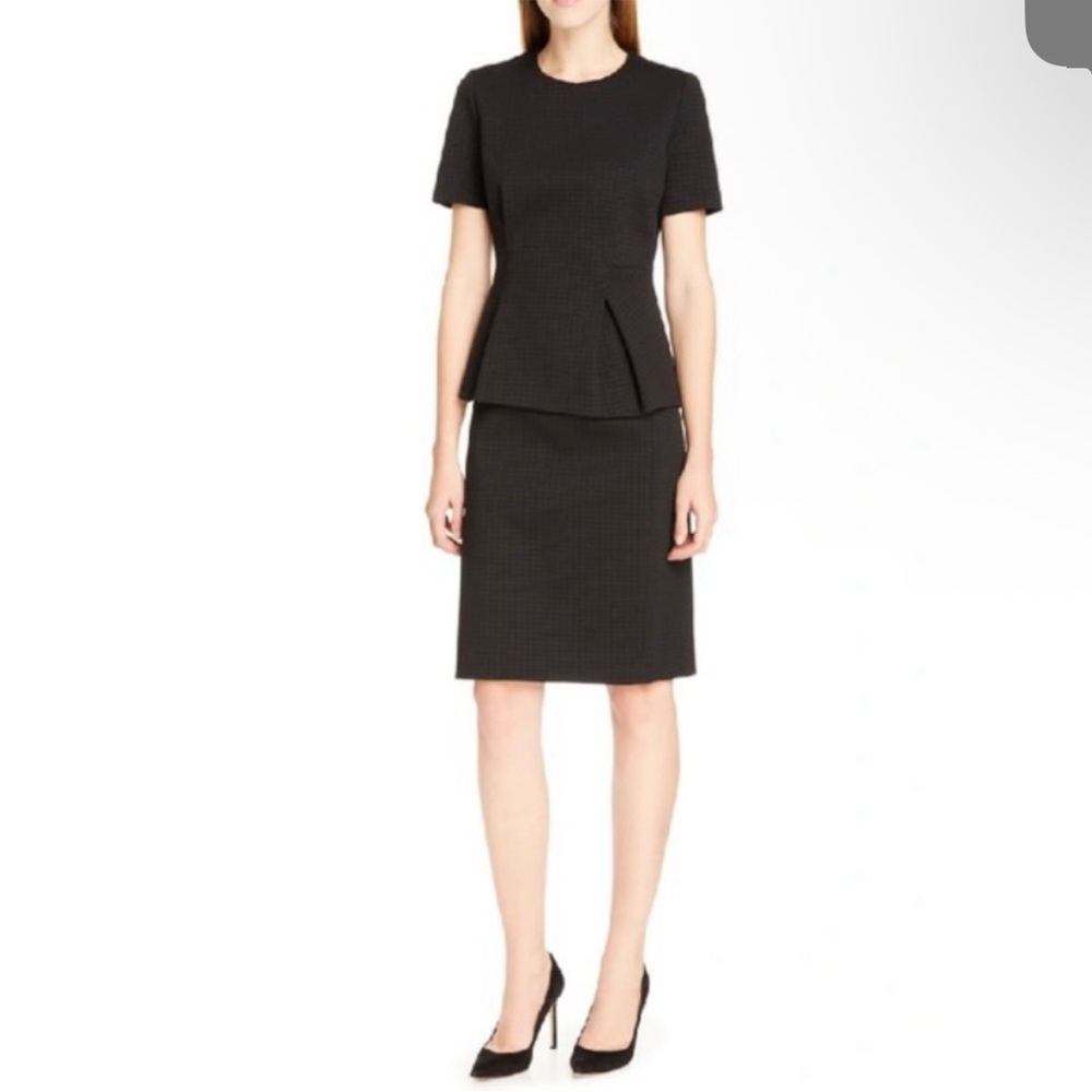 Hugo Boss Itadara Dark Navy Blue Houndstooth Pattern Peplum Top and Skirt Set